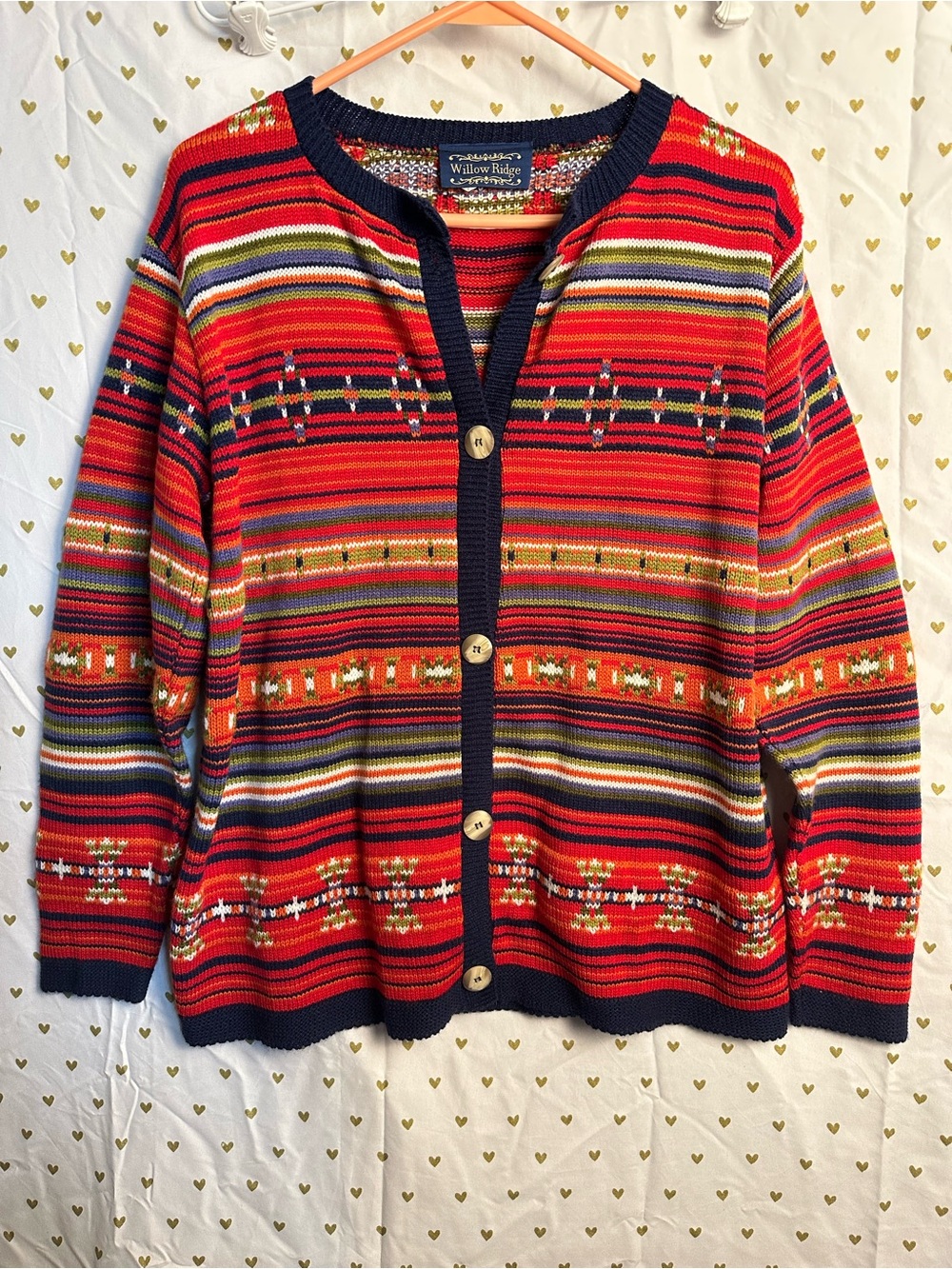 80s 90s vintage Willow Ridge Red Navy Trim Multi-Stripe women’s Cardigan